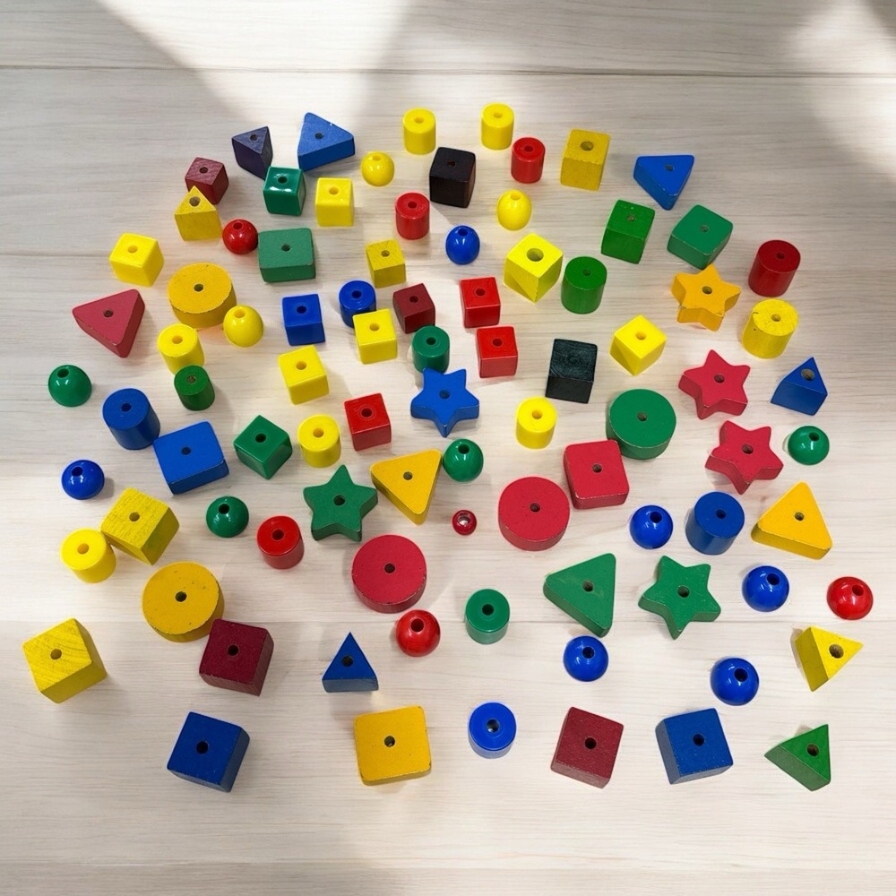 Vintage Wooden Beads Multicolor 50+ Pieces Various Shapes & Sizes NO Laces